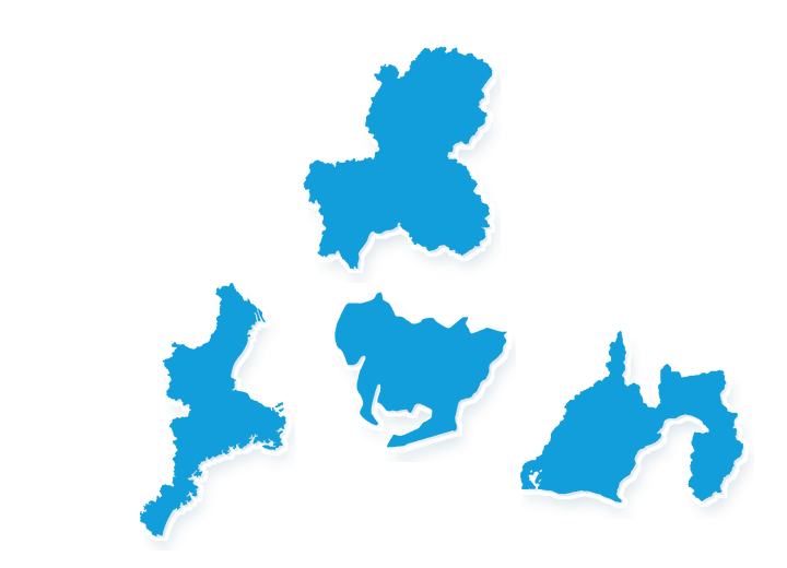 愛知県・岐阜県・三重県・静岡県の形だけを青色で示したフラット地図